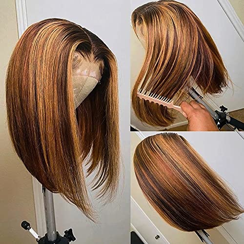 Vipbeauty Ombre Highlight Short Bob Wig Glueless Brazilian Straight Wig 10 inch Pre plucked 13x1x6 T Part Transparent Lace Front Human Hair Wig 4/27 Highlight Brown To Blonde Bob Wig