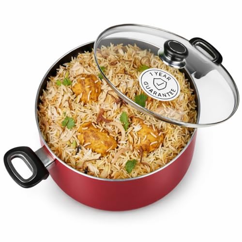 Image of Nolta PS Biryani Pot (10L) ISI Certified Induction Cookware, 1yr Replace-Guarantee, PFOA-Free Non-Toxic Durable Non-Stick Coating Biriyani Handi (32cm, Maroon)