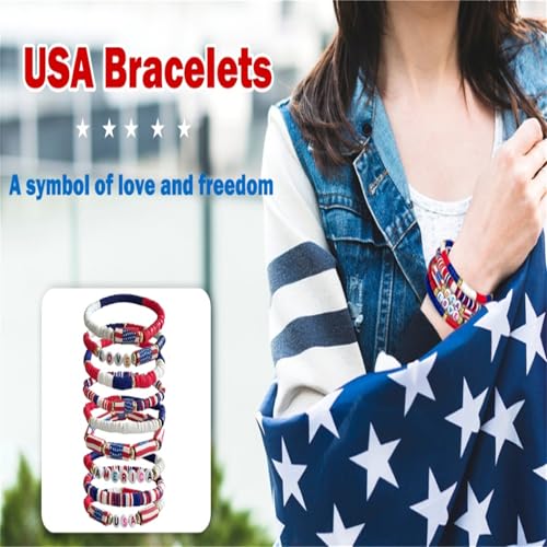 4th of July Bracelets Accessories-American Flag Friendship Love Bracelets, Red White Blue, 9 Piece Set, Patriotic USA Jewelry for Men Women3