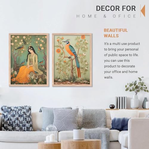 Image of kotart Premium Traditional Wall Art Set of 2 | Indian Woman & Decorative Bird Painting | MDF Wooden Framed Home Decor (Art 10, 19x25 inch)