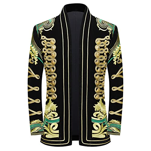 PYJTRL Blazer élégant en Velours Noir avec Broderie dorée pour Homme,Green Flower,XS