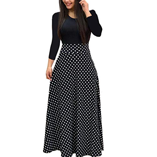 ONine Women's Maxi Dress O-Neck Long Sleeve Floral Printed Casual Swing Long Maxi Dress, Polka Dots 2XL