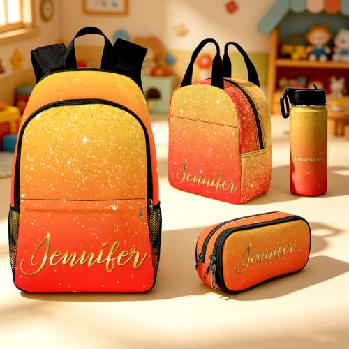 Image of Personalized Kids Backpacks for Girl Boy Custom Backpacks Back to School | Kid Customized Toddler Backpack for Girls Boys with Lunch Bag Book Bag Kindergarten Prek Preschool Gifts Glitter Orange