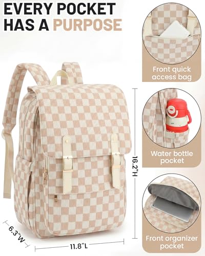 Image of Corduroy Laptop Backpack for Women, Fits 15.6 Inch Computer Bag, College Bookbag Travel Daypack Purse, Work Business Bags - Corduroy Checkered Brown
