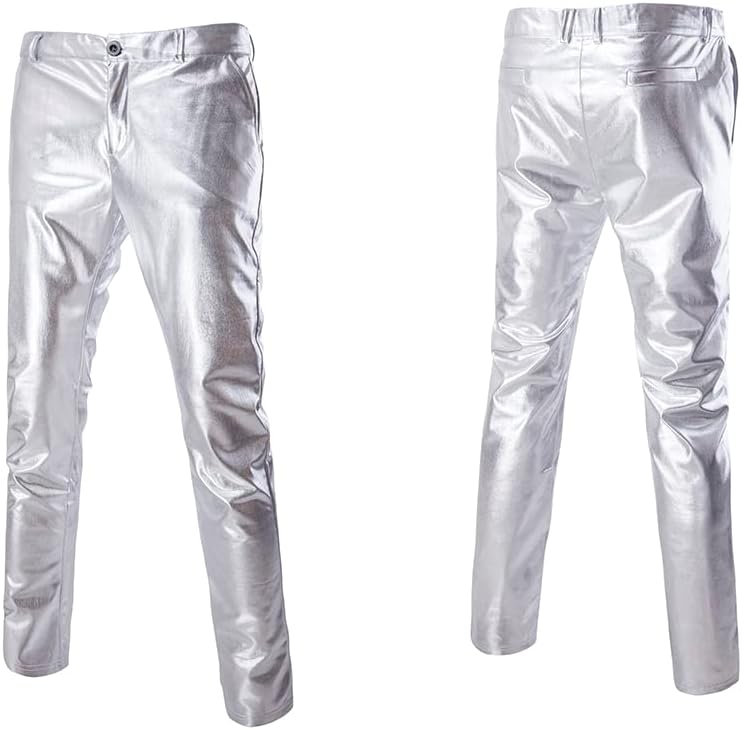 NewL Mens Night Club Skinny Shiny Gold Coated Metallic Pants Stage Perform Singer Disco Trousers