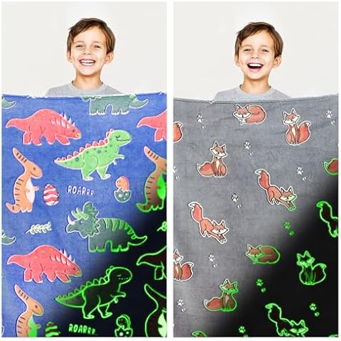UOFON Fox & Dinosaur Gifts Toys for Kids Boys - Glow in The Dark Dinosaur Bear Blanket for Boys Girls Age 1 2 3 4 5 6 7 8 9 10 12 13 Years Old Cover