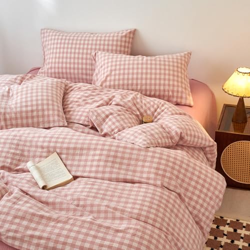 Image of EAVD Vintage Style Gingham Plaid Duvet Cover Full Pink White Soft 100% Washed Cotton Chic Warm Checkered Bedding Set with 2 Pillowcases Farmhouse Grid Gingham Duvet Cover with Zipper Closure