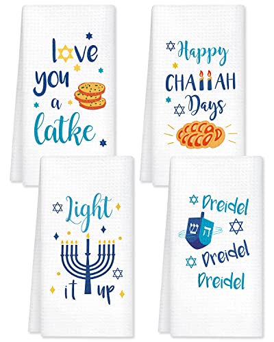 Vansolinne Hanukkah Kitchen Towels Chanukah Dish Towels Decorative Waffle Tea Towels Set of 4 - Fun Hostess Kitchen Decor Hanukkah Decorations, Housewarming Presents
