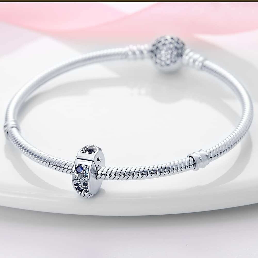 LNQOBU Clip/Stopper Charms pour Bracelet 925 Argent Sterling Pave Cubic Zirconia Charm Bead Star Moon Charme Bleu Papillon Charm Bijoux pour Femme