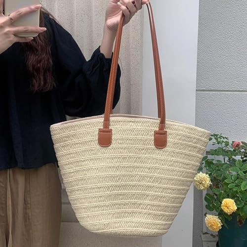 Straw Beach Bag for Women Summer Shoulder Bucket Handbag Straw Tote Bag Woven Shoulder Purses4