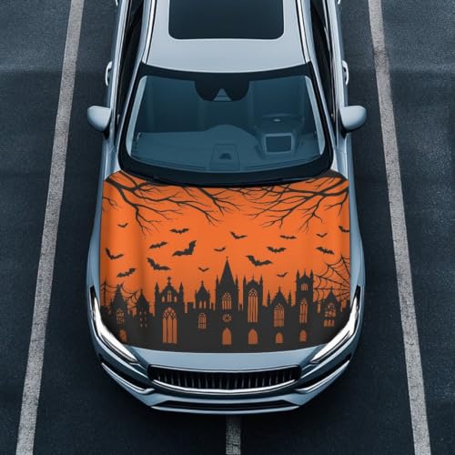 Image of Castle Bat Spider Web Print Car Hood Cover Stretchable Auto Hood Wrap Blankets Waterproof Automotive Halloween Outdoor Decorations for Compact Sedans SUV Trucks Van