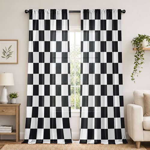 Black and White Curtains for Bedroom Rod Pocket Checkered Semi Sheer Curtains Retro Plaid Light Filtering Curtains & Drapes for Living Room Set of 2 Modern Window Curtain Panels 52 x 84 Inch