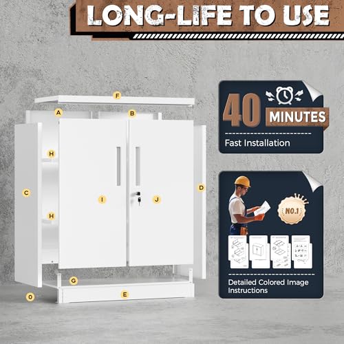 Image of INTERGREAT Metal Garage Storage Cabinet, 36 inch Locking Counter Cabinet with 2 Locking Doors and 2 Adjustable Shelves, Small Steel Cabinet for for Home Office, Gym, School(White)