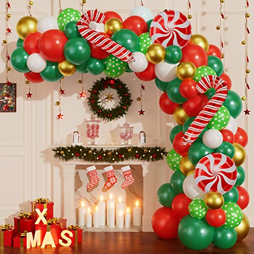 YEJIKJ Christmas Balloon Arch Kit, Christmas Red and Green Balloons Arch with Cane Candy Foil Balloons, Christmas Balloons Decorations for New Year, Xmas Holiday, Party Decor…