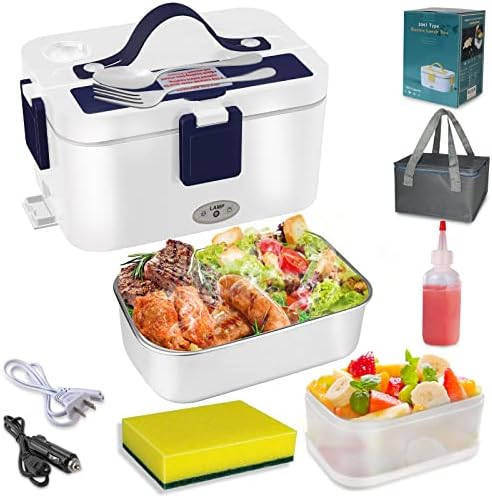 80W1.8L Large Portable Heated Electric Lunch Box,3 in1 food warmer lunch box（12/24/110-230V）suitable for Car/Truck/Home.Free 120ml salad bottle and dishwashing cotton, with fork、spoon、carrying bag