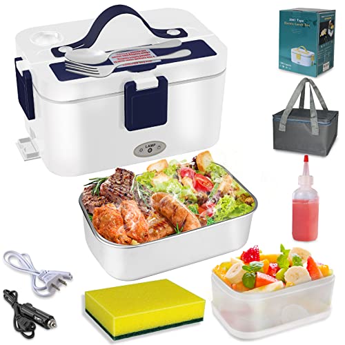80W1.8L Large Portable Heated Electric Lunch Box,3 In1 Food Warmer Lunch Box（12/24/110-230V）Suitable For Car/Truck/Home.free 120Ml Salad Bottle And Dishwashing Cotton, With Fork、Spoon、Carrying Bag #TOP30