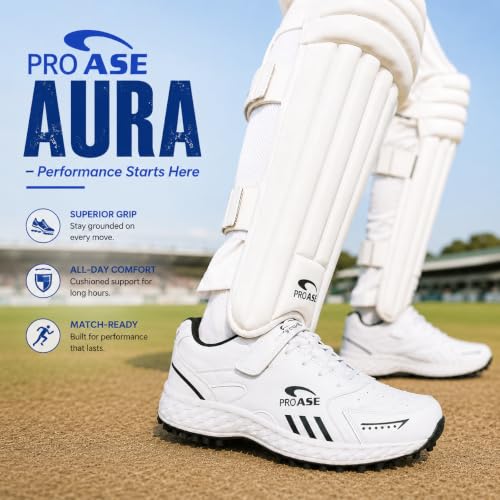 Image of Pro ASE Lightweight Cricket Shoes - Durable & Comfortable | Ideal for Turf, Ground & Hard Surfaces | Allrounder Design with Studs, Velcro & Superior Grip | White, Blue, Grey