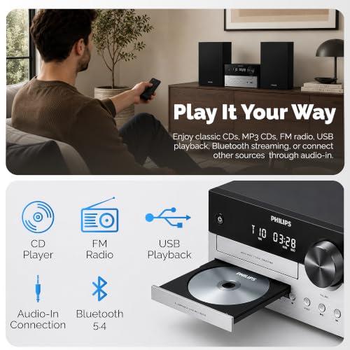 Image of Philips Bluetooth Stereo System for Home with CD Player for Home, Wireless Streaming Bluetooth 5.4 & Auracast, Upgraded 20W Sound, MP3, USB, Audio in, FM Radio, Micro Music Sound System