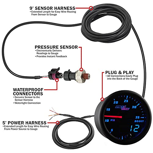 MaxTow Double Vision 35 PSI Turbo Boost Gauge Kit - Includes Electronic Pressure Sensor - Black Gauge Face - Blue LED Illuminated Dial - Analog & Digital Readouts - for Trucks - 2-1/16" 52mm - Image 3