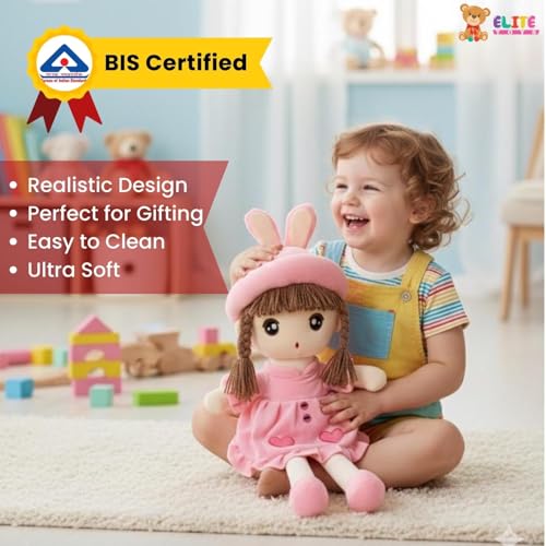 Image of ELITE CREATIONS Plush Doll with Bunny Hat, Pink Dress and Braided Hair, Stuffed Toy for Kids- Gift Toy for Girls and Babies
