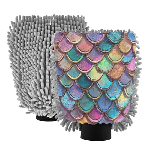 ALAZA Gradient Mermaid Scales Car Wash Mitt Scratch Free, 2 Pack Absorbent Microfiber/Chenille Washing & Drying Mitts, L