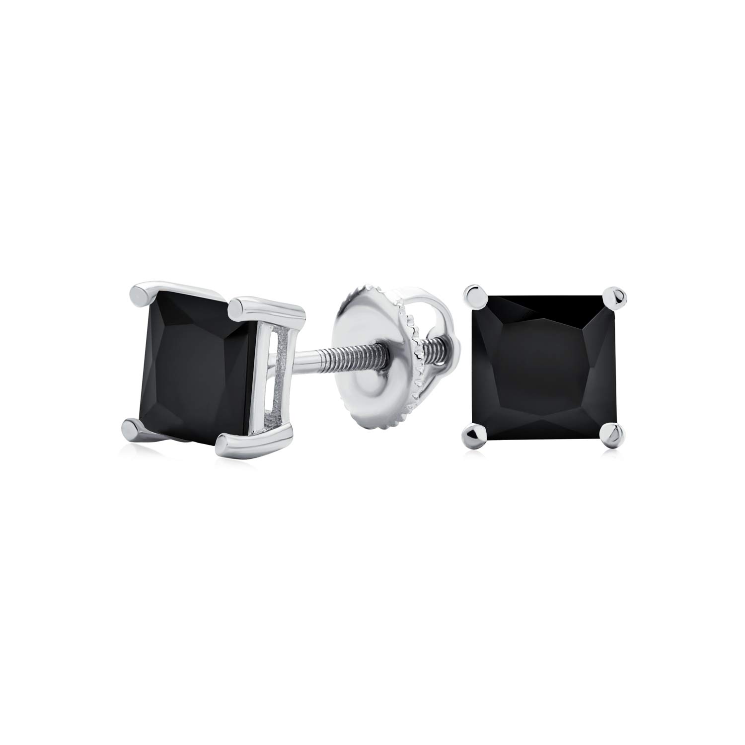 Black or Clear Brilliant Cut Square Princess Solitaire AAA CZ Stud Earrings For Men Women Secure Screw back Black Plated .925 Sterling Silver 5 6 7 8 9 MM