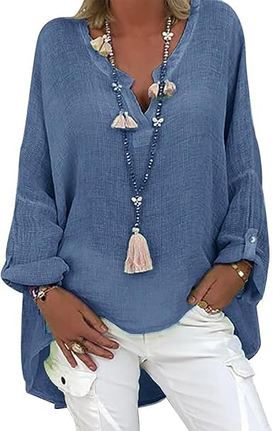 Tincini Leinenbluse Damen Musselin Bluse Sommer Blusen Tuniken für Damen Longbluse Hemdbluse Oversize Tunika V-Ausschnitt Große Größen Leinenhemd...