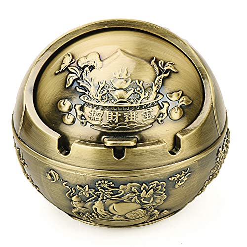 LAUYOO Vintage Decorative Windproof Ashtray with Lid for Cigarettes Metal Portable Cigar Ashtray Odor Eliminator Indoor outdoor Hand Carved Fancy Gift Ornament for Men Women Home (Good Fortune-Bronze)