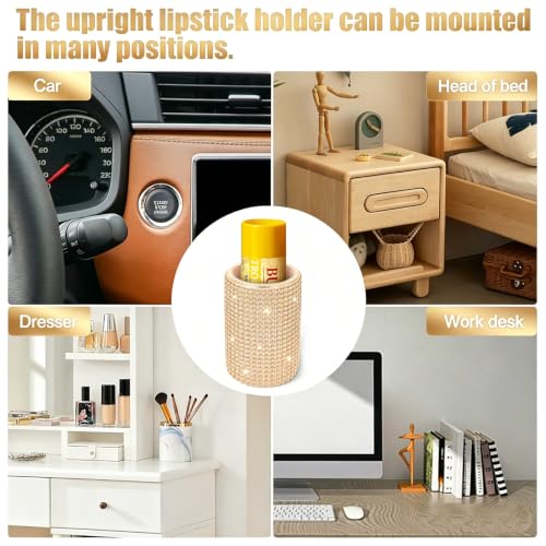 Image of Upright Car Chapstick Holder, Bling Insulating Lip Balm Holder,Rhinestone Car Accessories for Women Interior ,Suitable for Most Vehicles. (Champagne Gold)