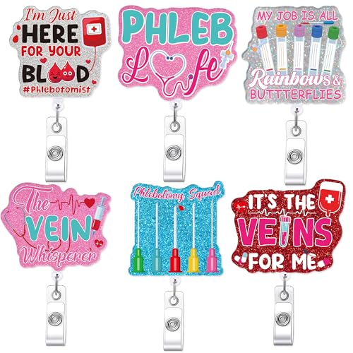 6 Pcs Phlebotomy Badge Reels, Retractable Funny Pink Glitter ID Badge Holder with Metal Clip, Phlebotomy Essentials and Phlebotomist Gifts