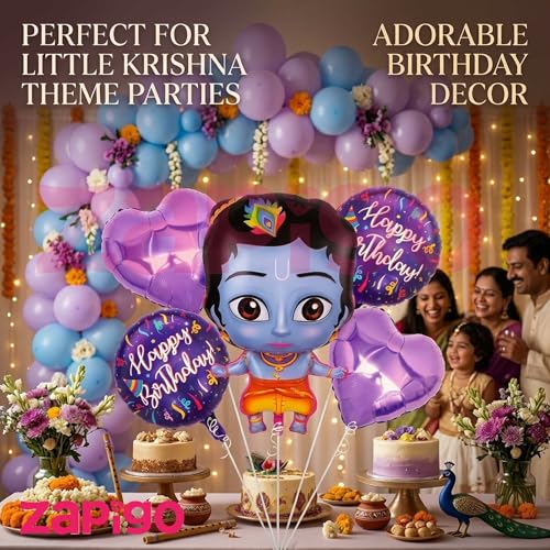 Image of Balloonistics Little Krishna Theme Happy Birthday Balloon Bouquet Pack Of 5