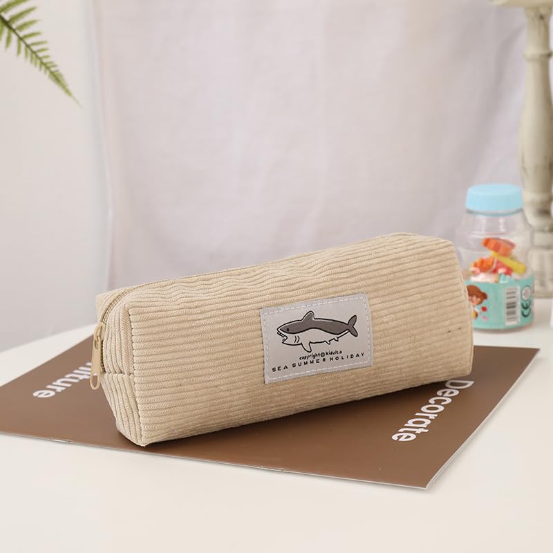 Estojo de veludo cotelê bordado tubarão, bolsa fofa para caneta com zíper, bolsa organizadora de papelaria macia para escola, bolsa multicolorida
