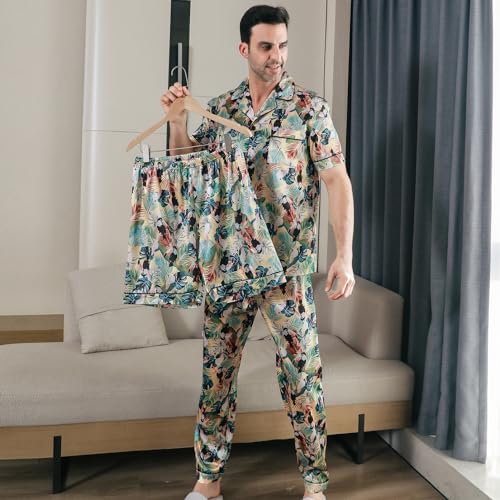 Men's Satin Pajama Set Short Sleeve Silky Pajamas Pants 3PCS Button Down Sleepwear Multicolor Silky Men's Pajama Set2