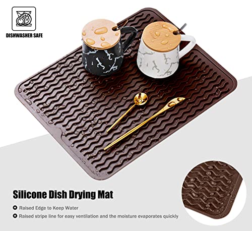Image of Silicone Dish Drying Mat, Non-Slip Easy Clean Sink Mat Large Heat-resistant Dish Drainer Mat for Kitchen Counter, Sink, Refrigerator or Drawer liner (18 inch x 16 inch, COFFEE)