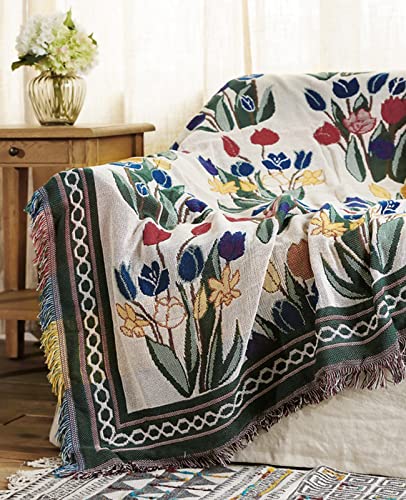 Cueerbot Boho Throw Blanket,Hippie Room Decor Tulips Double Sided Woven Blankets For Sofa Bed Rug (Colorful, 71X51Inch) #TOP3