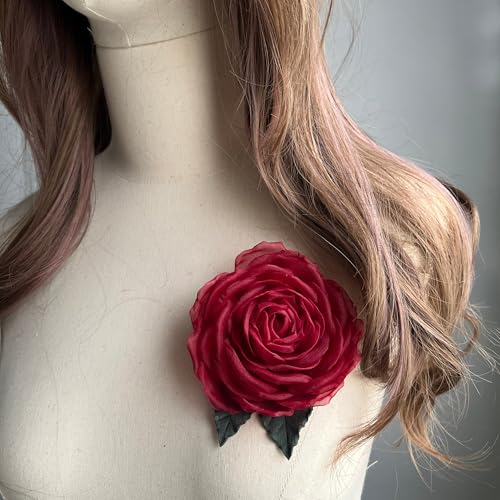 Image of Camellia Bees Handmade Deep Red Silk Rose Brooch 3.5 inch - Maroon Organza Flower Corsage Pin gift for Women, 12th Silk Anniversary Keepsake for Her (Deep Red)