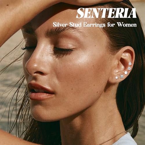 Senteria 925 Sterling Silver Studs Earrings for Women Hypoallergenic Cubic Zirconia Earrings Studs Round Square Diamond Stud Earring Set for Women 4/5/6PCS3