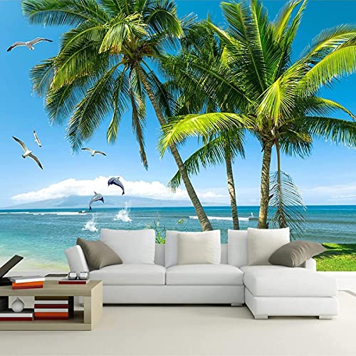 Beach Seagull Coconut Tree 3D Wallpaper Wall Mural, Dolphin Jumping Play Wallpaper Mural Render Illustration For Kids Nursery Bedroom Living Room Bedroom Corridor Home Decor 157.5''W X 110.3''H #TOP2