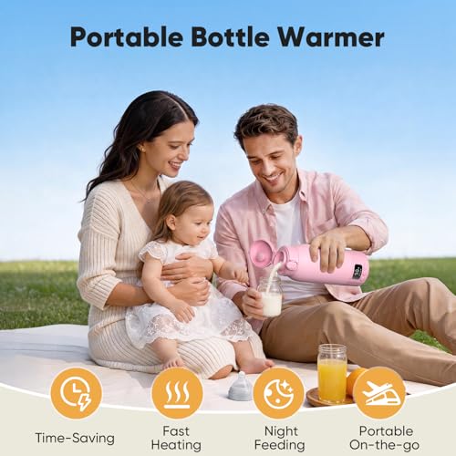 Image of Portable Bottle Warmer for Travel, Fast Heating Milk Warmer On The Go, 17 OZ Water Warmer for Milk, Formula, Water, Temp Control 98F -131F, Baby Essentials for Outdoor Airplane Car Journey, Pink