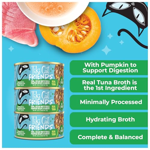 Image of Tiki Cat Friends Wet Cat Food, Tuna, Ocean Whitefish & Pumpkin, 2.8 oz. Can | For Adult Cats, Chunk Texture, Grain-free, High Moisture, Dolphin-safe, Supports Digestion, 12 Cans