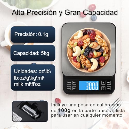 Image of BOMATA Large Kitchen Scale with 0.1g High Precision, Capacity 5kg, Bakery Scale with% Percentage Function, USB Rechargeable, Full-View Angle LCD with Backlight, Stainless Steel Pan