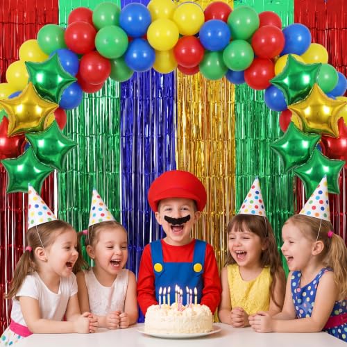 Image of TONIFUL 2Pcs Red Green Blue Yellow Metallic Foil Fringe Curtain Streamers | 3.3ftx6.6ft Photo Booth Backdrop Door Tinsel Streamer, Props for Birthday Graduation Baby Shower Summer Pool Party Decoration
