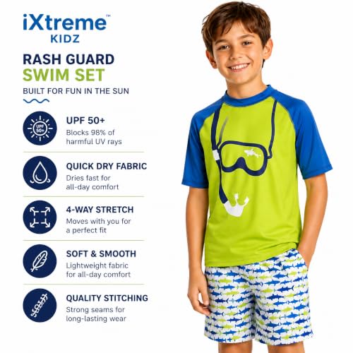 Image of iXtreme Boys Swim Set - 2 Piece Rash Guard Short Sleeve Swim Shirt and Boys Swim Trunks for Infants Toddlers & Big Boys