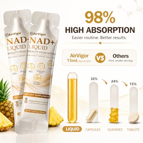 AirVigor NAD Liquid Supplement for Women, 1500mg Beauty & Skin Glow Formula with NAD+, Collagen Peptides, Hyaluronic Acid, PQQ & Quercetin, Pineapple Liquid Sticks, Daily Vitality, No Pills, 14 Count — view 3