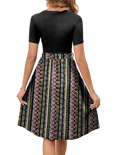 Image of Women's Elegant Vintage Round Neck Short Sleeve Summer Casual Work Party A-Line Dress with Belt 809