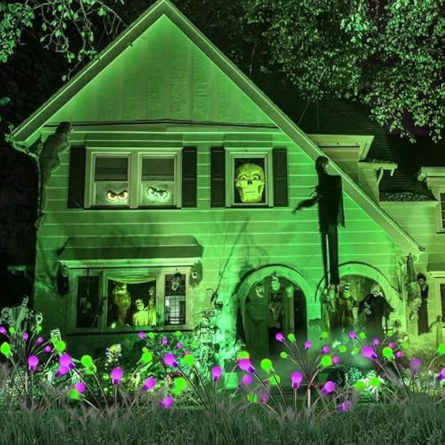 6Pack Total 48LED Purple Orange and Green Spider Solar Halloween Lights Outdoor - Solar Firefly Lights Outdoor, Sway by Wind, Waterproof for Garden Patio Pathway Halloween Decorations