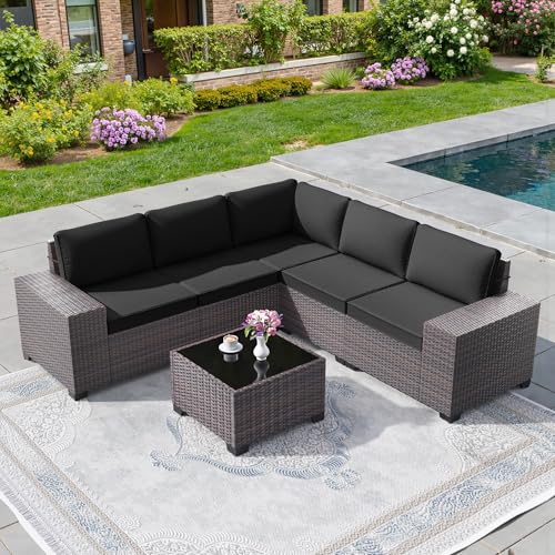 Image of 6 PCS Outdoor Patio Furniture Set,Outdoor Sectional Furniture All Weather PE Rattan Wicker Patio Conversation Set with Coffee Table and 5 Thickened Cushions,Black