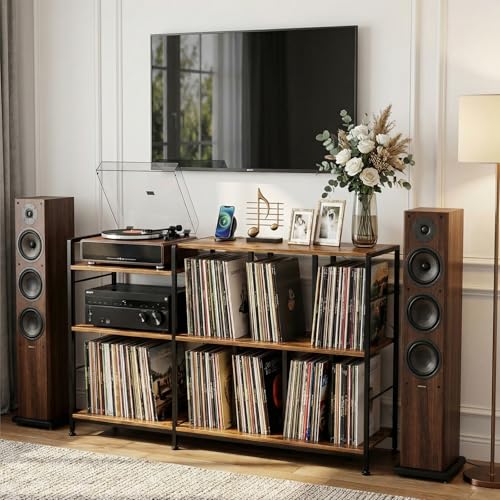 Image of Faesun Vinyl Record Player Stand, Black | Record Storage Shelf Up to 500+ vinyl records, Turntable Stand with power outlets,vinyl record cabinet for Living Room