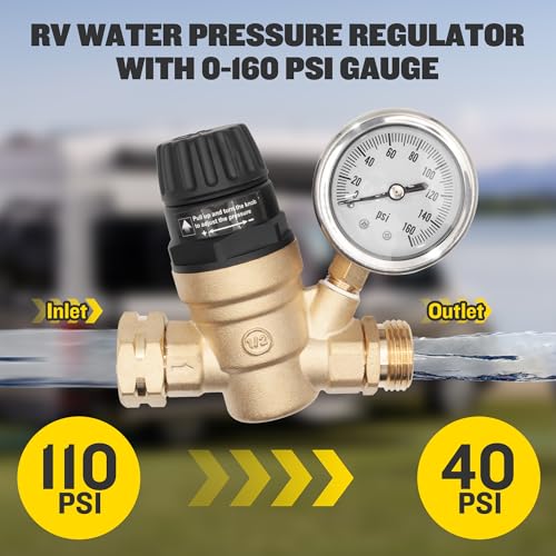 Image of RV Water Pressure Regulator for RV Camper, Handle Adjustable RV Water Pressure Regulator, Brass Lead-Free RV Water Pressure Regulator with 0-160 PSI Gauge and 2 Inlet Screened Filters