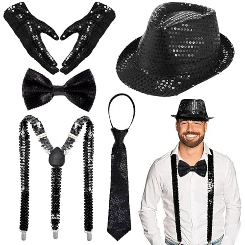 TUIBEIDAMAI Vestito con glitter da uomo, accessorio per costume da uomo, con bretelle, papillon, cravatta, guanti, paillettes per carnevale e feste di danza (nero)